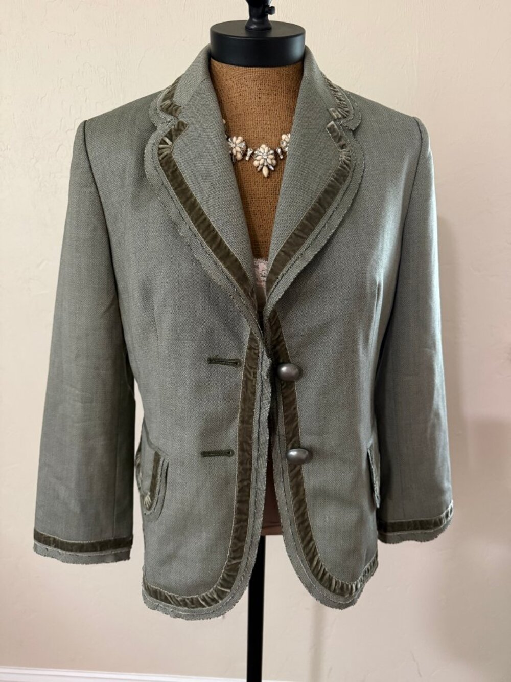 Banana Republic Vintage Green Wool Silk Blazer Jacket Raw Edges Velvet Trim 8